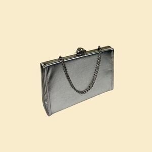 Vintage 70s silver clutch handbag, 1970s metallic purse w/ rhinestone closure